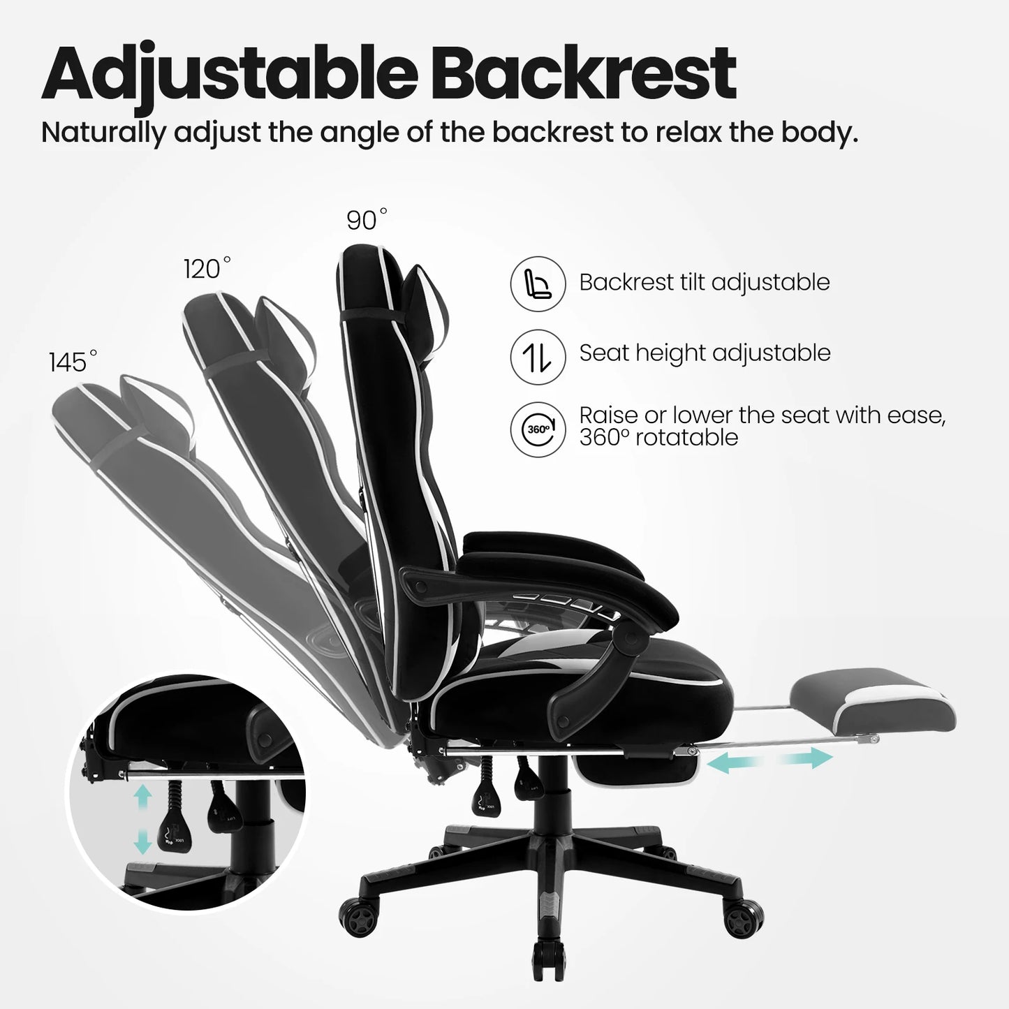 Ergonomische Gaming- en Bureaustoel – Comfortabele Werkstoel – Verstelbare Rugleuning – Voetensteun – Stof – Maximale Draagkracht 120 Kg – Zwenkwielen - Wit