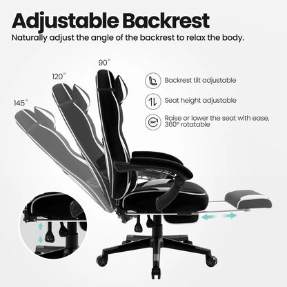 Ergonomische Gaming- en Bureaustoel – Comfortabele Werkstoel – Verstelbare Rugleuning – Voetensteun – Stof – Maximale Draagkracht 120 Kg – Zwenkwielen - Wit