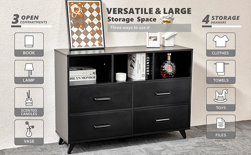 4-Ladekast – Ladekast Met Open Vakken – Opberger – Meubelstuk – Massief Hout – 4 Lades – 3 Open Vakken - Zwart