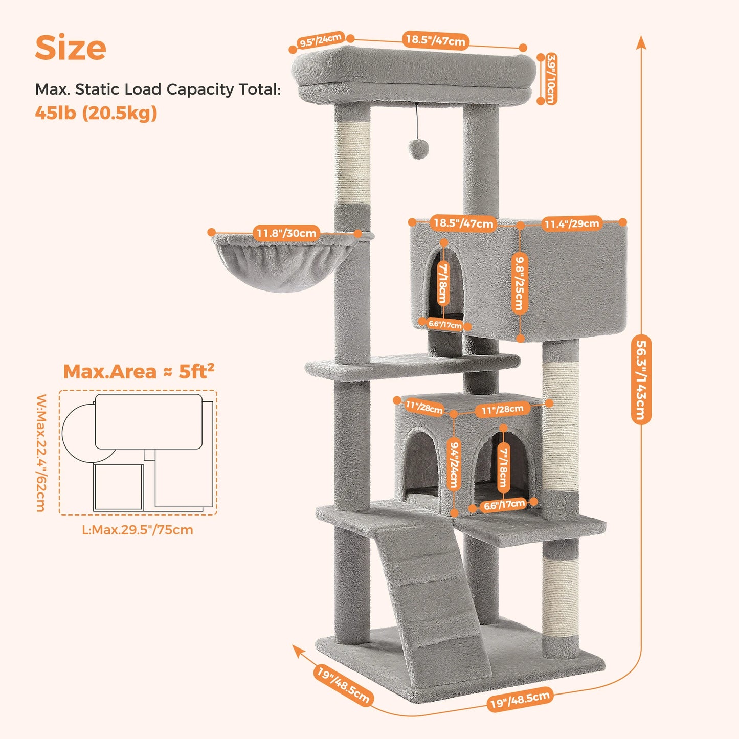 Kattenboom - Meerdere Verdiepingen – Kattenkrabpaal - met Luxe Huis - Ligmand - Sisal - Speelballetje – Stevig Kattenmeubel - Binnenkatten - 143 cm - Gijs