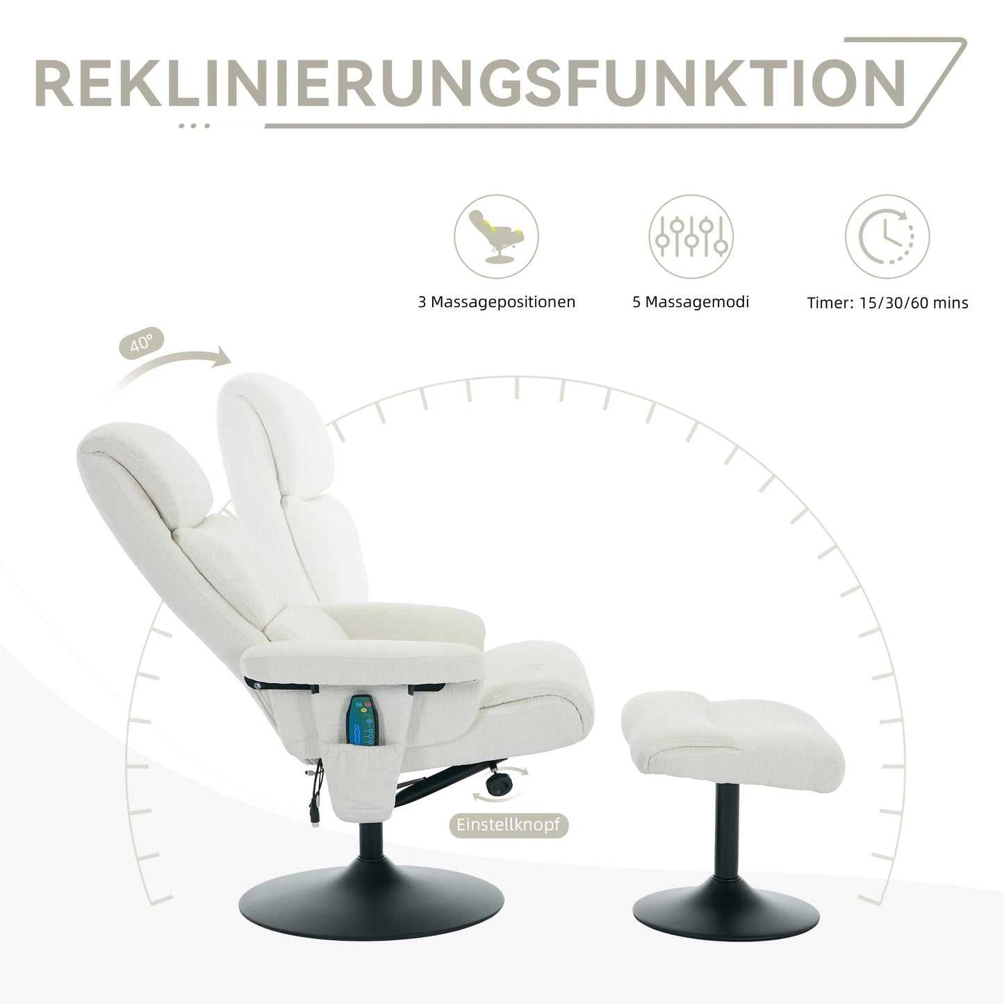 Massagestoel – Relaxfauteuil – TV-stoel – Massagefauteuil – Massagekussen – 5-Punts Massage – Elektrische Verwarming – 360° Draaibaar – Chenille Stof – Verstelbare Rugleuning 140° – Inclusief Voetenbank