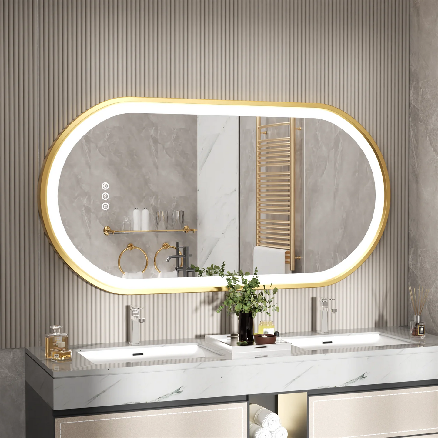 Badkamerspiegel - Spiegel - Spiegel met Verlichting - Smart Spiegel - Gouden Ovale LED Badkamerspiegel - 60x120CM - Verlichte Anti-condens Make-up Spiegel met Dimbare Smart Touch Functie