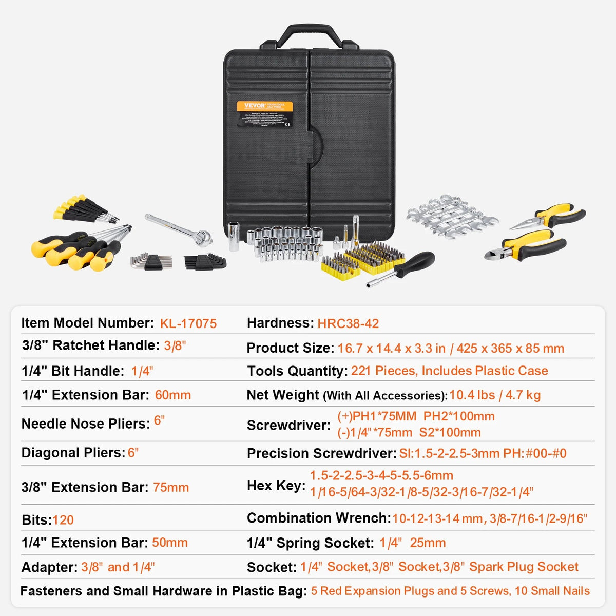 221 Piece Tool Set - Professional Mechanic Tool Kit with Bits, Ratchets, Wrenches &amp; Pliers - SAE &amp; Metric Sizes - Includes Storage Case - Black/Yellow