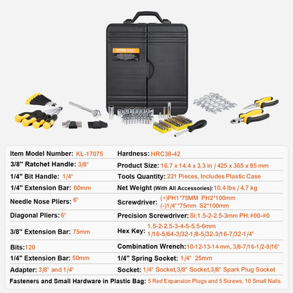 221 Piece Tool Set - Professional Mechanic Tool Kit with Bits, Ratchets, Wrenches &amp; Pliers - SAE &amp; Metric Sizes - Includes Storage Case - Black/Yellow