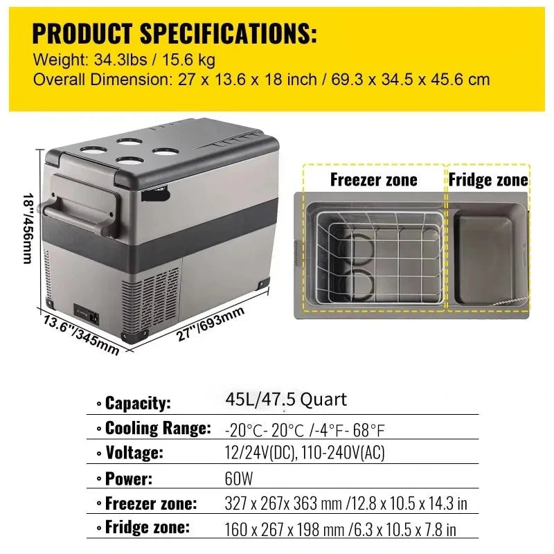 Auto Koelbox - Compressor Koelkast - Koelbox - Compressor Koelbox - Camping Koelkast - met Vriezerfunctie - 45L - 12V/24V & 230V AC - 45dB - -20°C tot +20°C - Voor Camping - Auto - Boot & Buitenactiviteiten