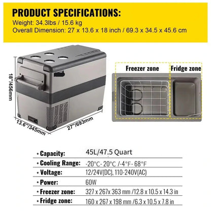 Auto Koelbox - Compressor Koelkast - Koelbox - Compressor Koelbox - Camping Koelkast - met Vriezerfunctie - 45L - 12V/24V & 230V AC - 45dB - -20°C tot +20°C - Voor Camping - Auto - Boot & Buitenactiviteiten