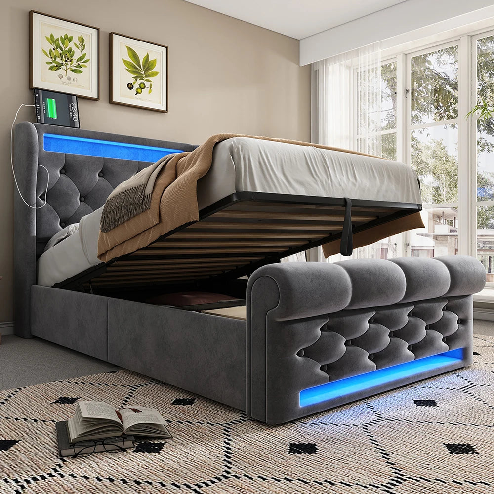 Boxspringbed – Boxspringbedden – Bed – Meubel – Slaapkamerbed – 160x200 cm – Linnen Bekleding – Hydraulische Opbergruimte – USB & Type-C Oplaadpoort - QUORE