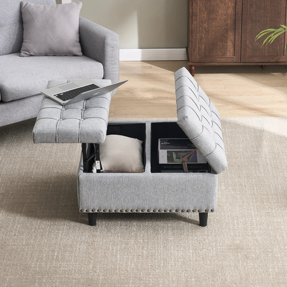 Opbergpoef – Zitzak – Opbergbox – Poef met Opbergruimte – Sitzbank – Grijs Linnen – Dubbellaagse Opbergruimte – Comfortabele Zitting 75x75x41 cm