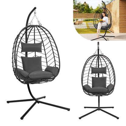 Schommelstoel - Hangende Ei-stoelen - Hangmat -Headrest - met Metalen Standaard - Zitkussen - Draagvermogen 150 kg - voor Tuin - Balkon - Terrasdecoratie - 102 x 100 x 196 cm - Donkergrijs - QUORE