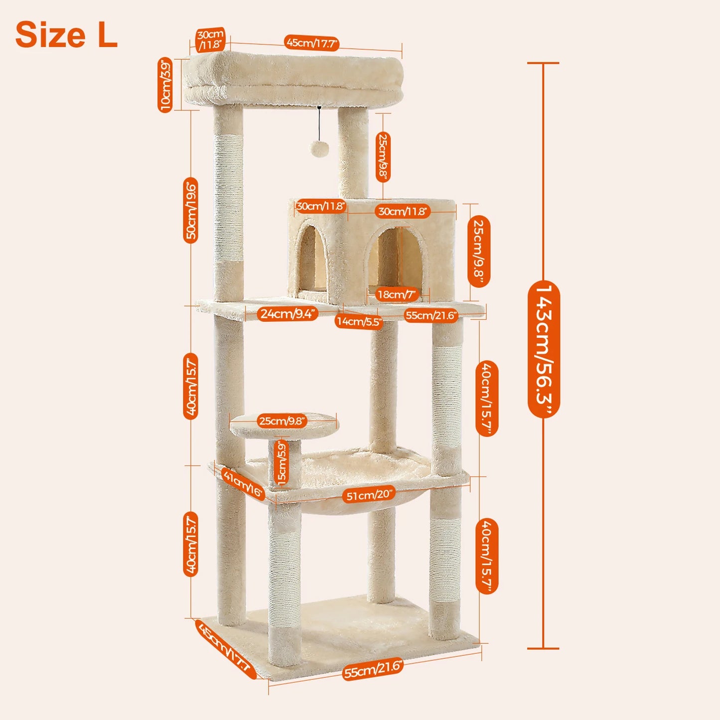 Kattenboom -  Krabpaal - Luxe Krabpaal met Meerdere Niveaus – Kattentoren met Huisje & Krabpalen – Stabiele Kattenboom voor Binnen – Kattenaccessoires & Speelgoed - Large -  143cm - Beige
