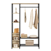 Kapstok met Kledingrail – 3 Planken – 2 Schoenenrekken – 2 Compartimenten – Stevige Jasstandaard – Opslag voor Hal & Garderobe – 100x165x30 cm – Zwart & Lichte Eiken