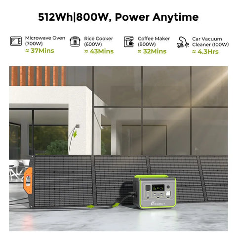 Portable Power Station - 512Wh/LFP Battery Solar Generator - 800W AC Output - 200W Max Solar Power Input - 8 Outlets - LED Lighting - Vegetable
