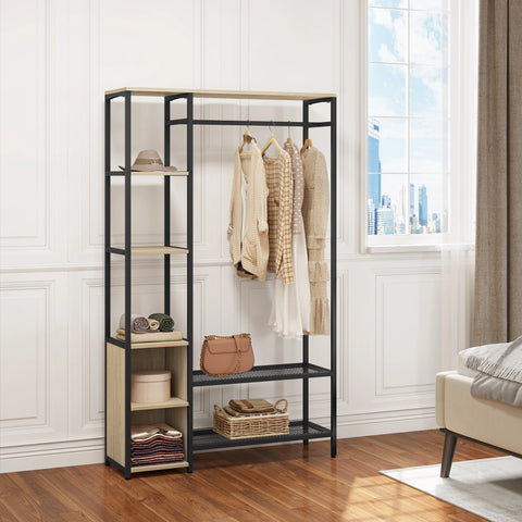 Kapstok met Kledingrail – 3 Planken – 2 Schoenenrekken – 2 Compartimenten – Stevige Jasstandaard – Opslag voor Hal & Garderobe – 100x165x30 cm – Zwart & Lichte Eiken