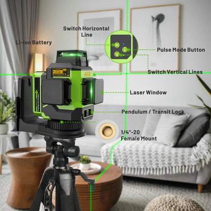 3D Kruislijnlaser – Laserwaterpas – Zelfnivellerend – Groene Laser – Waterpasmeter – 12 Lijnen – IP54 Weerbestendig - met Detector - Statief