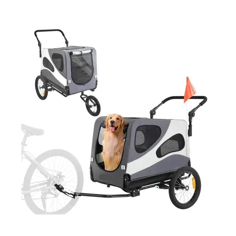 2 in 1 - Fietskar - Fietsaanhanger - Transportaanhanger - Kar - Huisdier Kinderwagen - met Vlag - Mesh-vensters - Draagkracht 45kg - Weerbestendig - Oxfordstof - Metalen frame - 81 x 56 x 60 cm - Zwart & Grijs