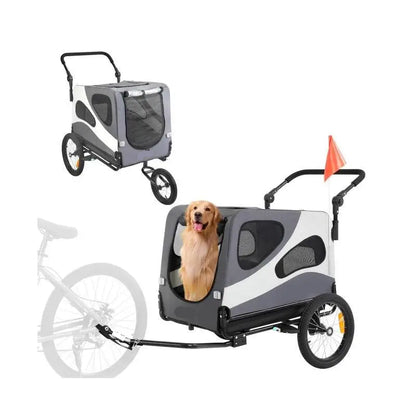 2 in 1 - Fietskar - Fietsaanhanger - Transportaanhanger - Kar - Huisdier Kinderwagen - met Vlag - Mesh-vensters - Draagkracht 45kg - Weerbestendig - Oxfordstof - Metalen frame - 81 x 56 x 60 cm - Zwart & Grijs