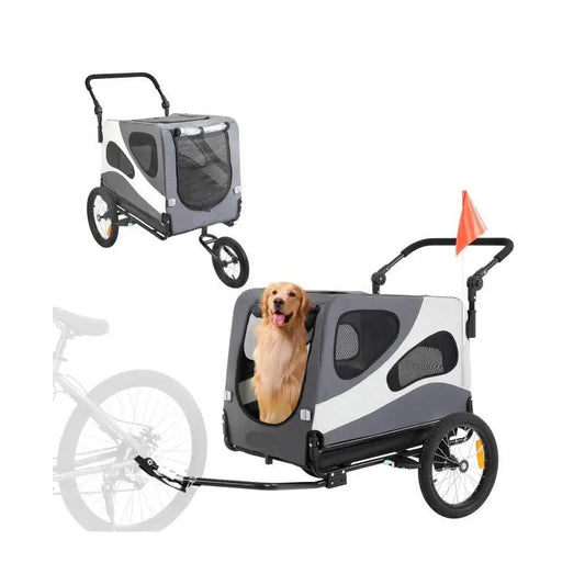 2 in 1 - Fietskar - Fietsaanhanger - Transportaanhanger - Kar - Huisdier Kinderwagen - met Vlag - Mesh-vensters - Draagkracht 45kg - Weerbestendig - Oxfordstof - Metalen frame - 81 x 56 x 60 cm - Zwart & Grijs