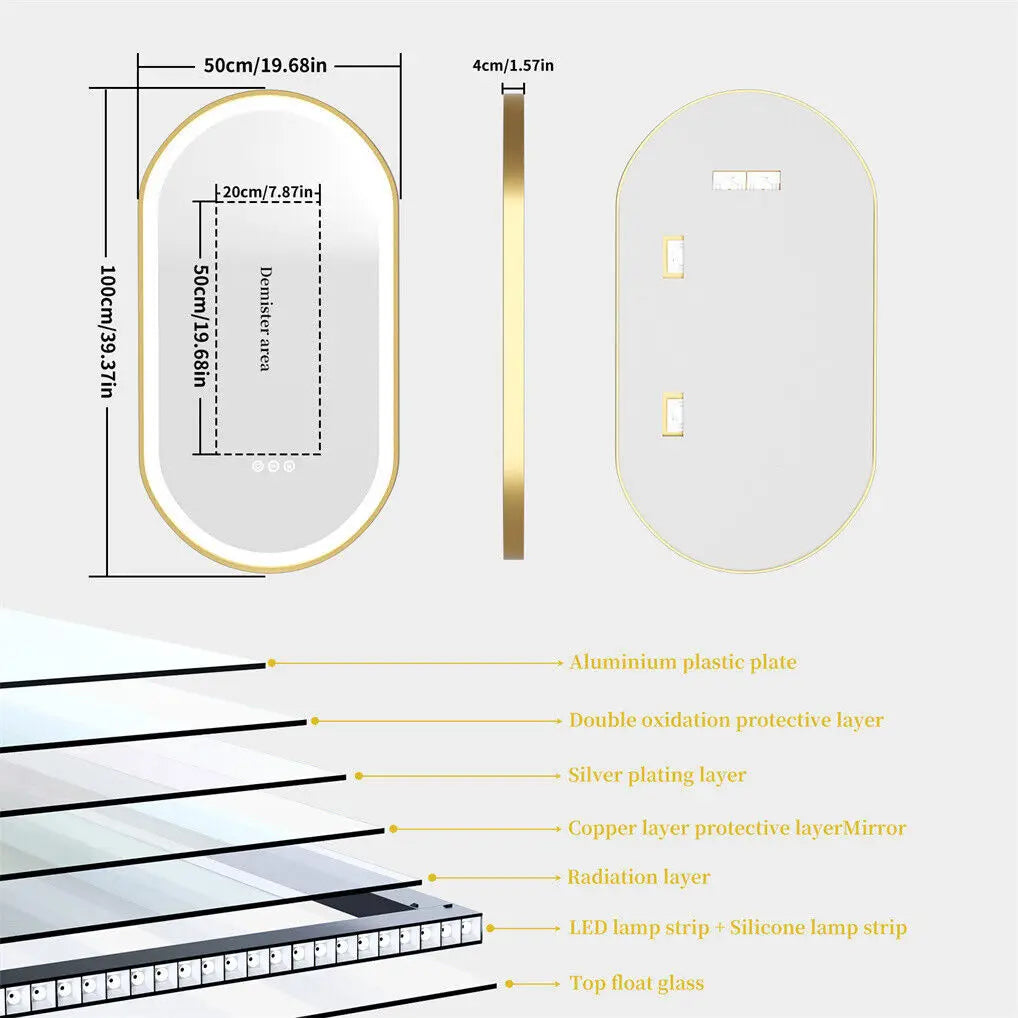 Badkamerspiegel – LED Spiegel – Ovale Spiegel – Gouden Spiegel – Anti-condens – Verstelbare Verlichting – Hoogwaardig Aluminium - 1000X500MM