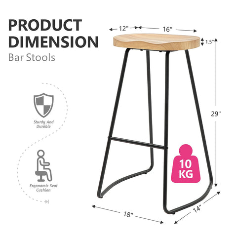 Barkruk - Barstoel - Kruk - Barstoelen - Keukenstoel - Set van 2 Barkrukken - Massief houten eetkamerstoelen - met vaste metalen basis - moderne meubels voor bar en huis - Natuurlijk/Zwart