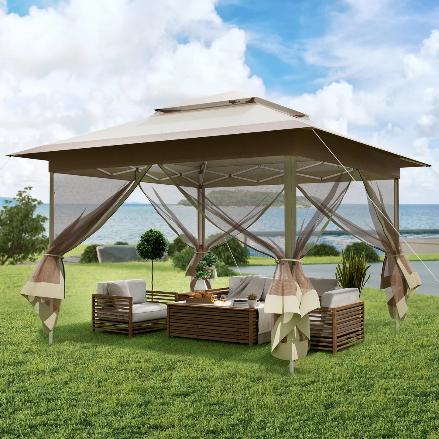 Tuinpaviljoen – Tuinoverkapping – Partytent – Schaduwdoek – Moskitonet – Waterdicht Polyester – Verstelbare Hoogte Tot 291 Cm