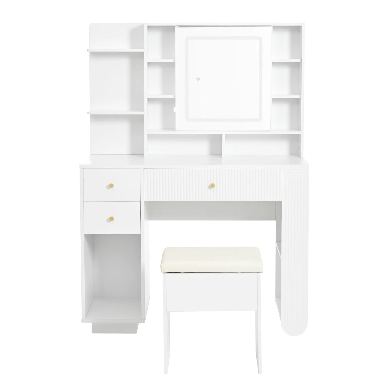 Kaptafel – Make-Uptafel – Cosmeticatafel – Make-Up Meubel – Witte Houtlook – 3-Kleurige Led-Verlichting – Inclusief Kruk