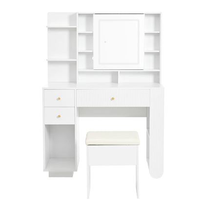 Kaptafel – Make-Uptafel – Cosmeticatafel – Make-Up Meubel – Witte Houtlook – 3-Kleurige Led-Verlichting – Inclusief Kruk