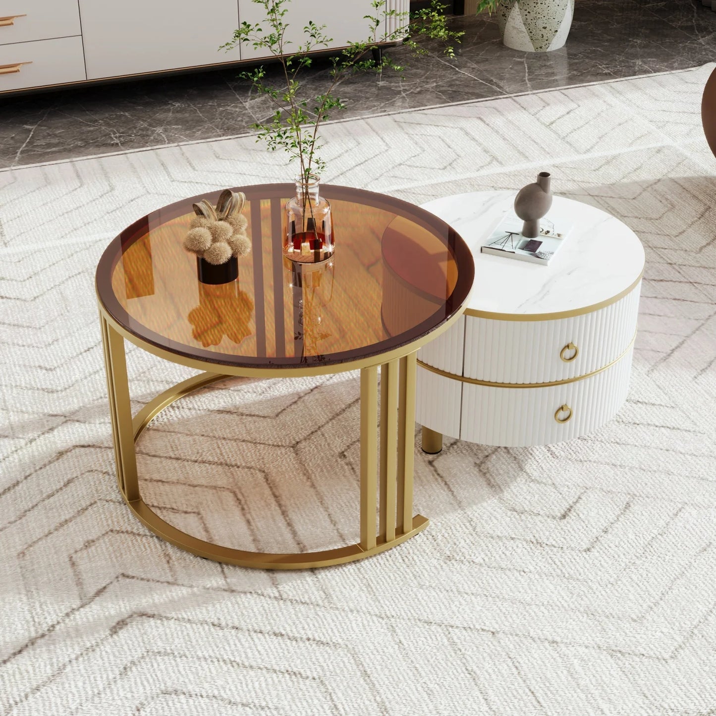 2-in-1 Salontafel – Ronde Tafel – Bijzettafel – Woonkamertafel – Koffietafel – Hoogglans Wit en Bruin – 2 Laden – Compact en Stabiel Design