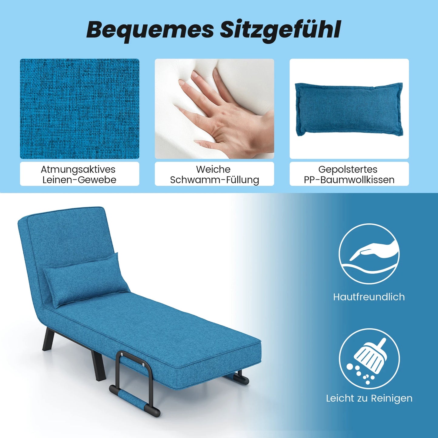 4-in-1 Opvouwbaar Slaapbank – Verstelbare Rugleuning – Verwijderbaar Kussen en Gewatteerde Zitting – Slaapbank met Metalen Frame – Draagvermogen tot 150 kg (Blauw) – Daybed