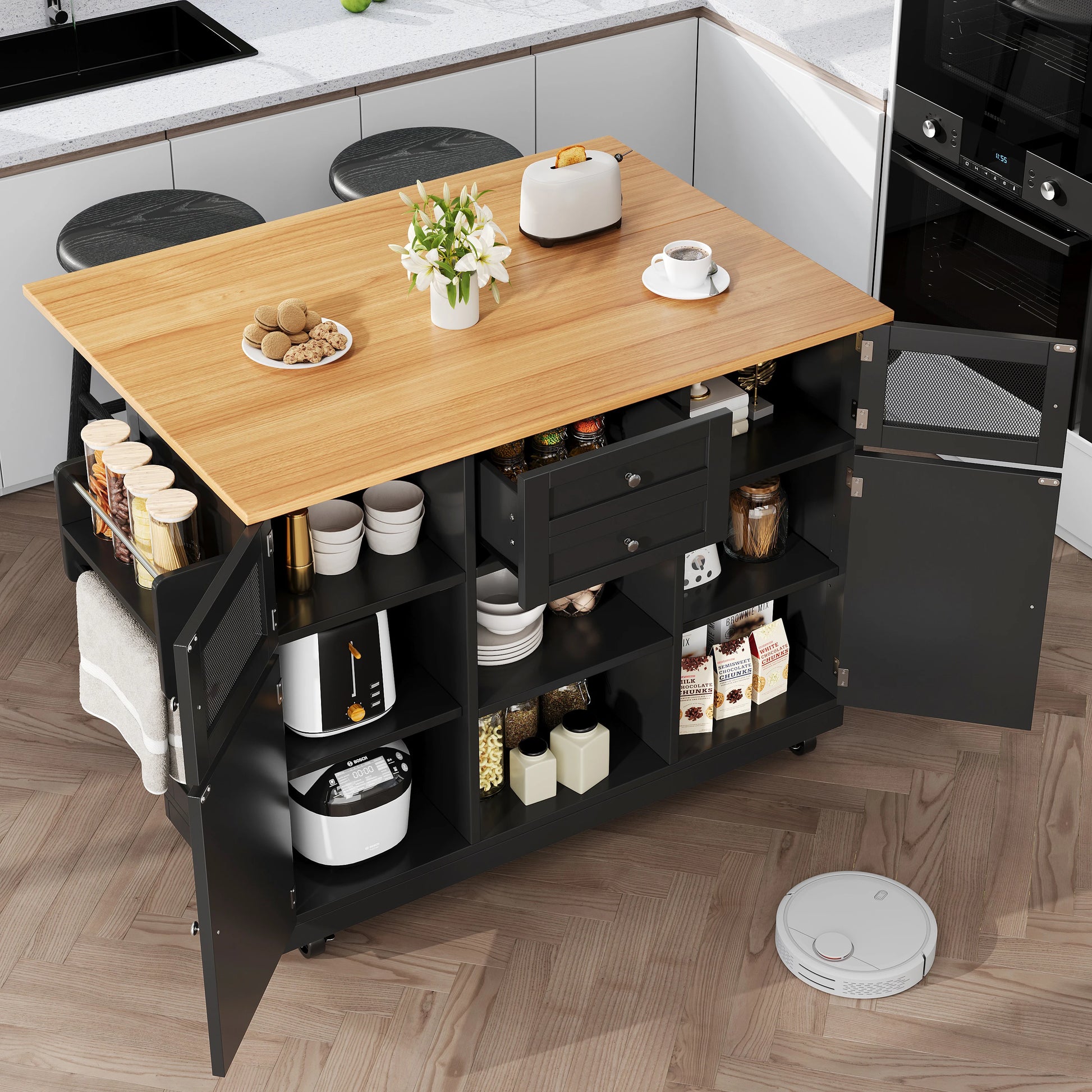 Kitchen island, dining cart with worktop, buffet cabinet, dining cart with wood grain, side towel rail,adjustable dividers,black - QUORE