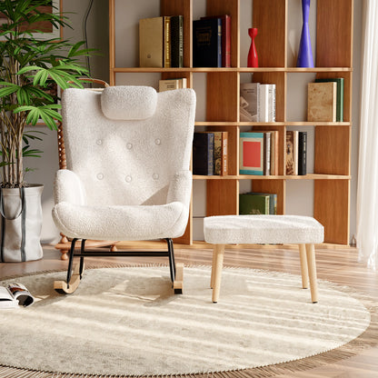 Schommelstoel – Rocking Chair – Relaxstoel – Fauteuil – Stoel Met Voetensteun – Teddy Velvet Bekleding – Ergonomisch Ontwerp – Wit