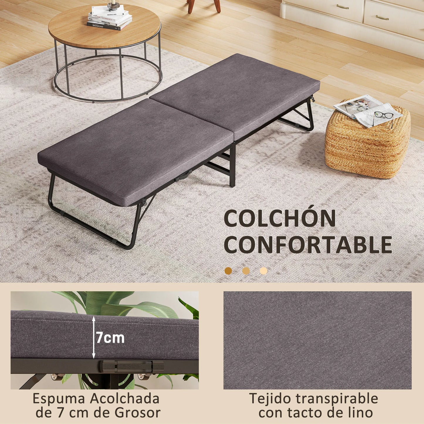 Opklapbed – Vouwbed – Logeerbed – Eenpersoonsbed – Slaapbed – Verstelbare Rugleuning – 7 cm Dik Comfortabel Matras - Donkergrijs