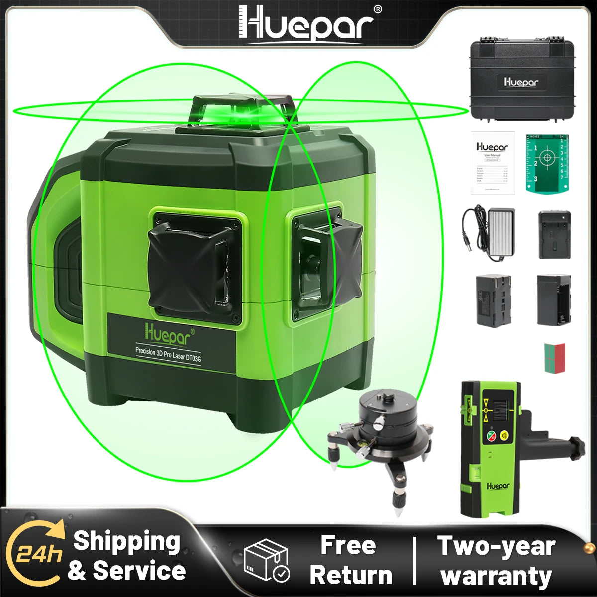 Huepar Electronic Self-Leveling 3D Green Beam Laser Level 3x360 Cross Line Three-Plane Leveling Alignment -Dual Slope Function