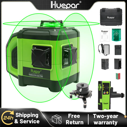 Huepar Electronic Self-Leveling 3D Green Beam Laser Level 3x360 Cross Line Three-Plane Leveling Alignment -Dual Slope Function