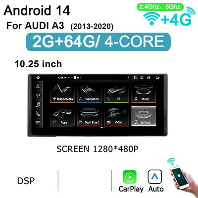 Multimedia Speler Audi A3 – Auto Radio – Navigatie Systeem – Touchscreen Display – Infotainment Unit – Android 14 OS – 10,25" / 12,3" HD Scherm – Draadloze CarPlay & 4G LTE - QUORE