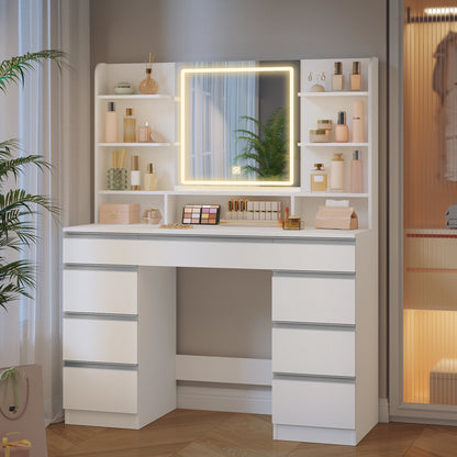 Make-up Tafel – Kaptafel – Visagietafel – Schminktisch – Make-up Bureau – Wit – 9 Lades & 9 Open Vakjes – Verstelbare LED Verlichting met 3 Kleuren - QUORE