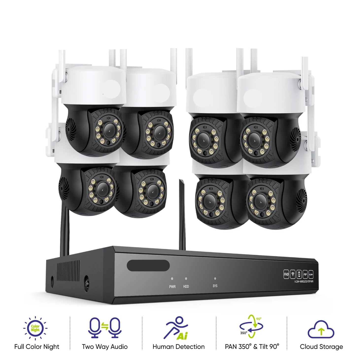 Draadloos 8-Camera Bewakingssysteem – Beveiligingscamera – IP Camera – Surveillance Camera – Wifi Camera – Pan-Tilt 3MP Resolutie – IP66 Weerbestendig - QUORE