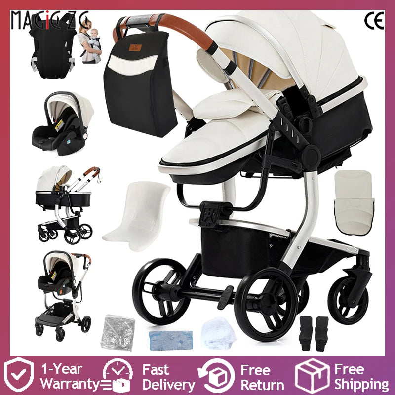 3 in 1 Baby Stroller with Leather Handle High Landscape Foldable Lightweight Pushchair Reclining Seat for Newborn to Toddler