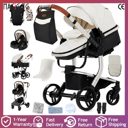 3 in 1 Baby Stroller with Leather Handle High Landscape Foldable Lightweight Pushchair Reclining Seat for Newborn to Toddler