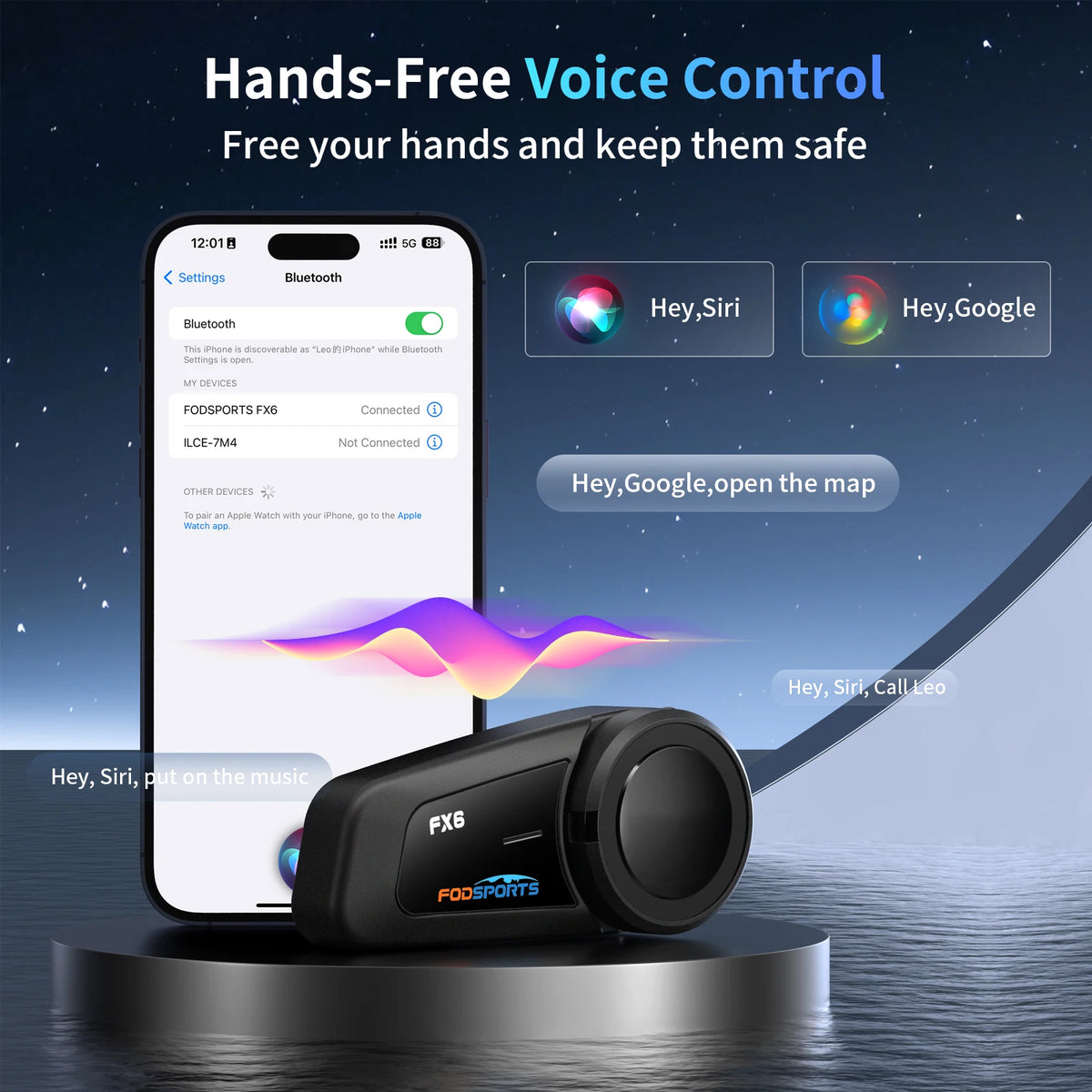 Fodsports - FX6 - Motorfiets Intercom - Motorhelm - Bluetooth 5.0- Headsets - Handsfree - Communicator - Interphone - Koppelbaar tot 6 Rijders - 1000M - QUORE