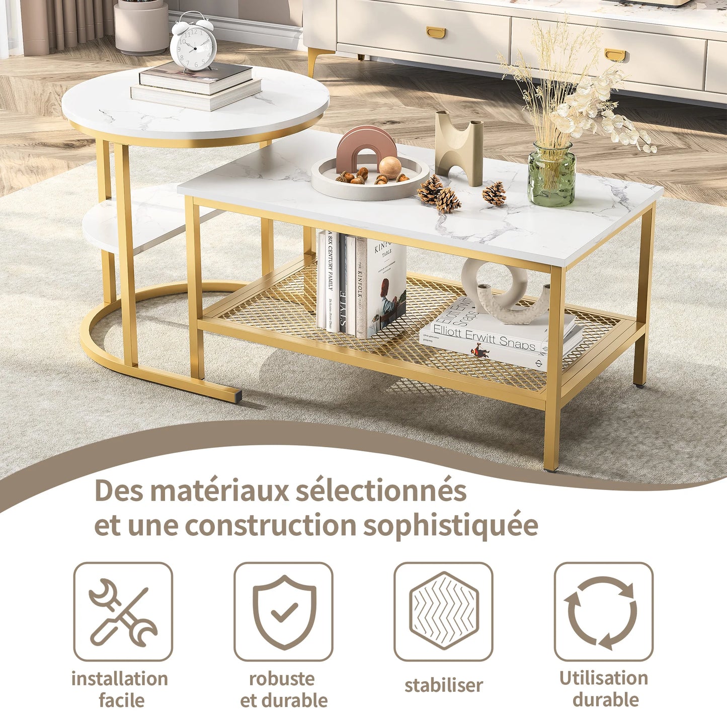 Salontafel - Kleine Tafel - Eindtafels - Woonkamer - Moderne Nest Salontafel - Marmeren Fineer - Gouden Frame