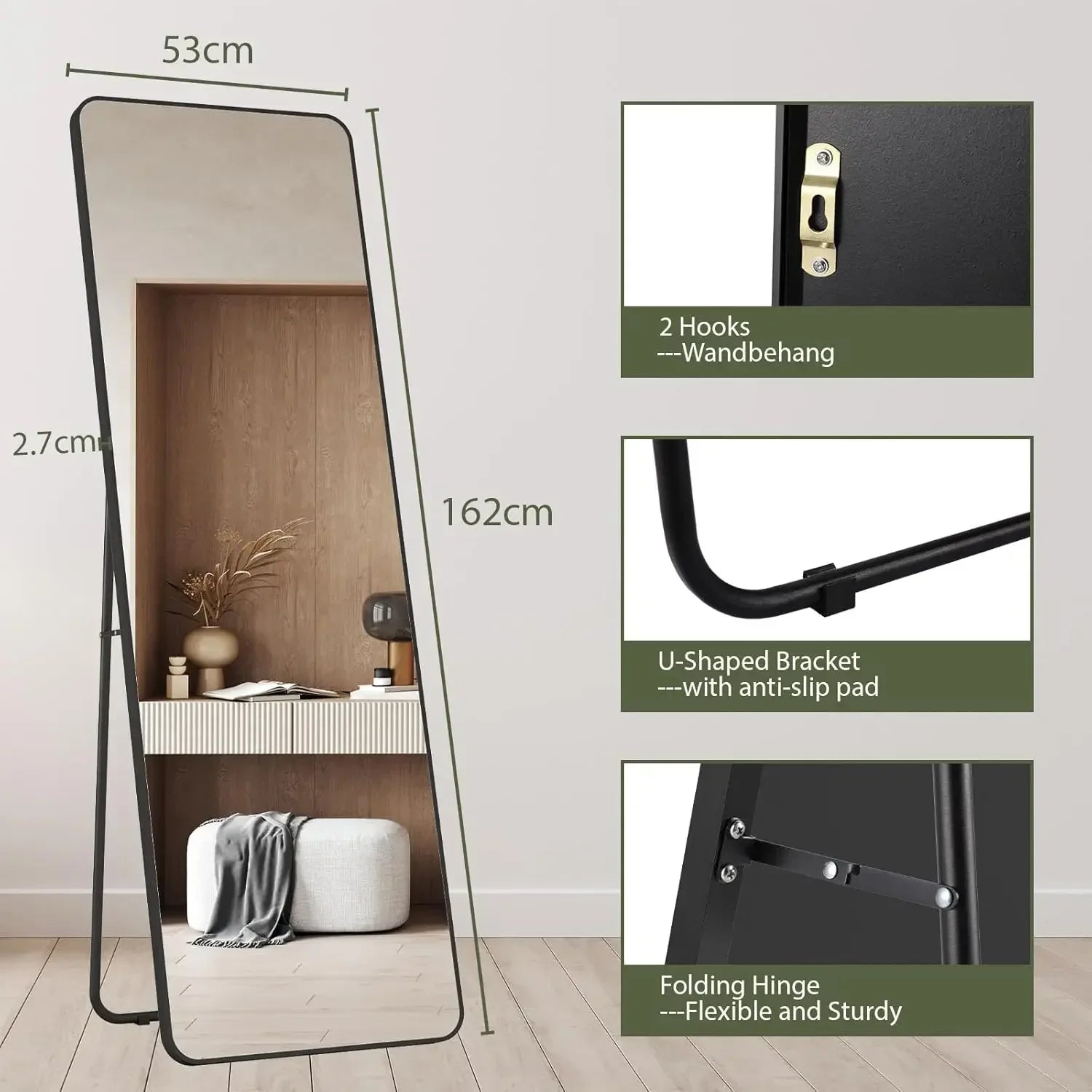 Spiegel - 162x53 cm – Spiegel Staand - Wandspiegel - Full Length - Rechthoekig Design - met Slanke Metalen Frame - Kristalhelder HD Glas - 3-in-1 Gebruik - Zwart Ronde Hoek - QUORE