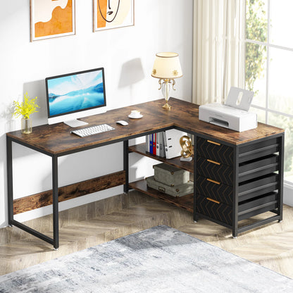 Game Bureau - Bureau - Hoekbureau - Game Bureau - 59" - L-vormige Computertafel - met Opberglades - Reversibel Kantoor- & Studiobureau - met Planken - Wit - QUORE
