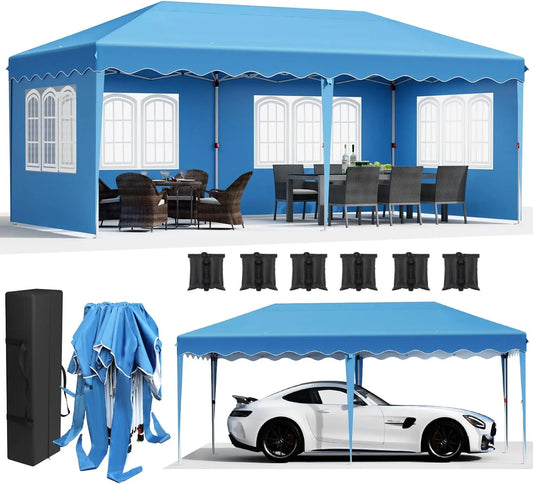 Partytent – Pop-Up Tuinfeesttent – Tuinoverkapping – Schaduwtent – Markttent – Waterdicht 420D Oxford – Verstelbare Hoogte - 3x6m - Blauw