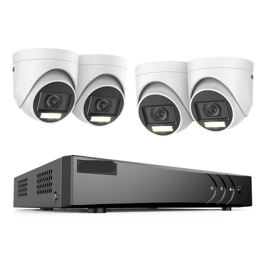 Beveiligingscamerasysteem - 5MP Camera - 8-Kanaals - Openlucht - Buiten - CCTV camerasysteem - IP67  Waterdichte - Bewakingscamera - Beveiligingscamera - Dual Light PIR Detectie – H.265+ DVR Recorder zonder HDD - 4 stuk - Wit - QUORE