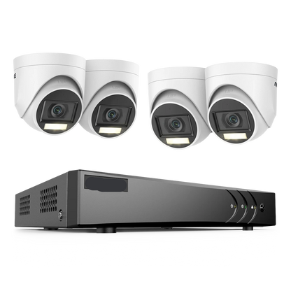 Beveiligingscamerasysteem - 5MP Camera - 8-Kanaals - Openlucht - Buiten - CCTV camerasysteem - IP67  Waterdichte - Bewakingscamera - Beveiligingscamera - Dual Light PIR Detectie – H.265+ DVR Recorder - met 4TB HDD - 4 stuk - Wit - QUORE