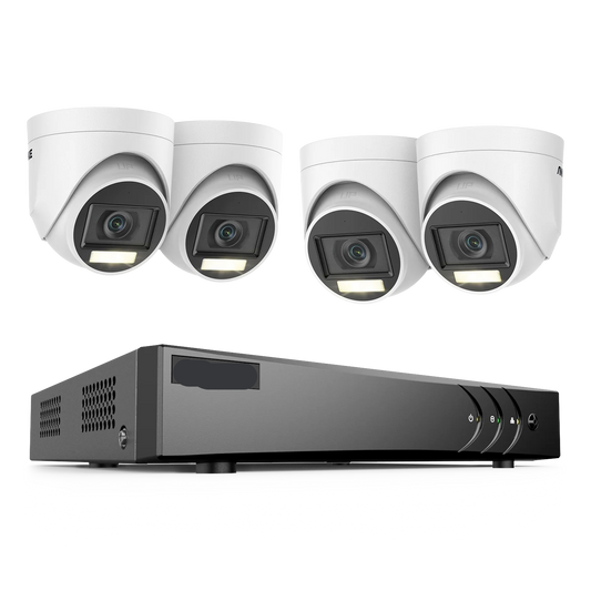 Beveiligingscamerasysteem - 5MP Camera - 8-Kanaals - Openlucht - Buiten - CCTV camerasysteem - IP67  Waterdichte - Bewakingscamera - Beveiligingscamera - Dual Light PIR Detectie – H.265+ DVR Recorder - met 4TB HDD - 4 stuk - Wit - QUORE