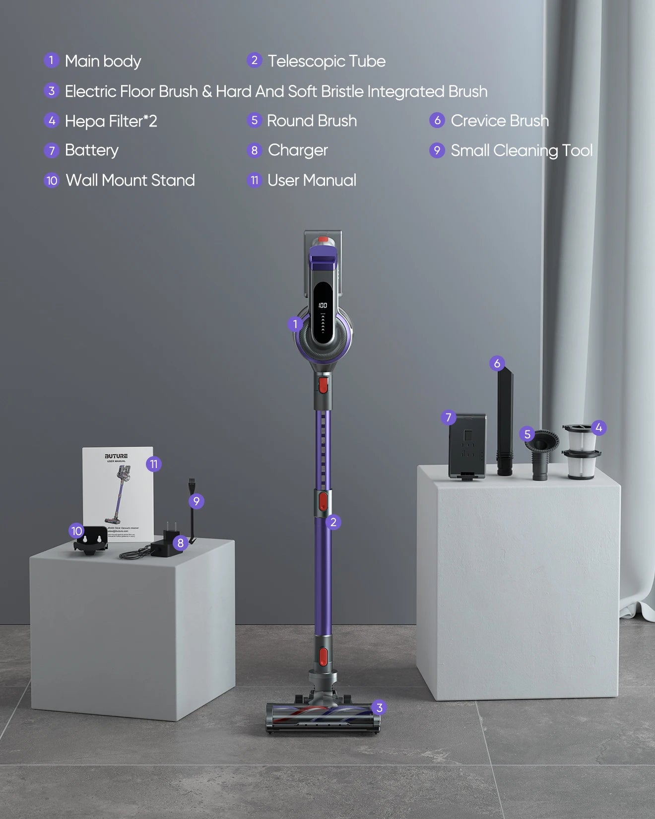 Steelstofzuiger - Vacuum Cleaner - Draadloze Stofzuiger- Kruimeldief Snoerloos - 450W - 38Kpa Zuigkracht - Handstofzuiger - met Touchscreen en 1.5L Stofreservoir - voor Tapijt, Vloer & Auto