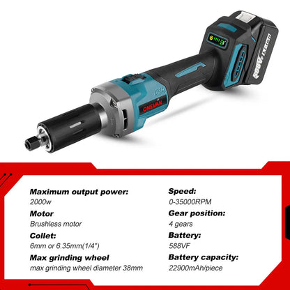 Elektrische Rechte Slijper - Graveer of Polijstmachine - Straight grinder - 2 Accu's - Accu lader - 4 standen - 2000W - 18V