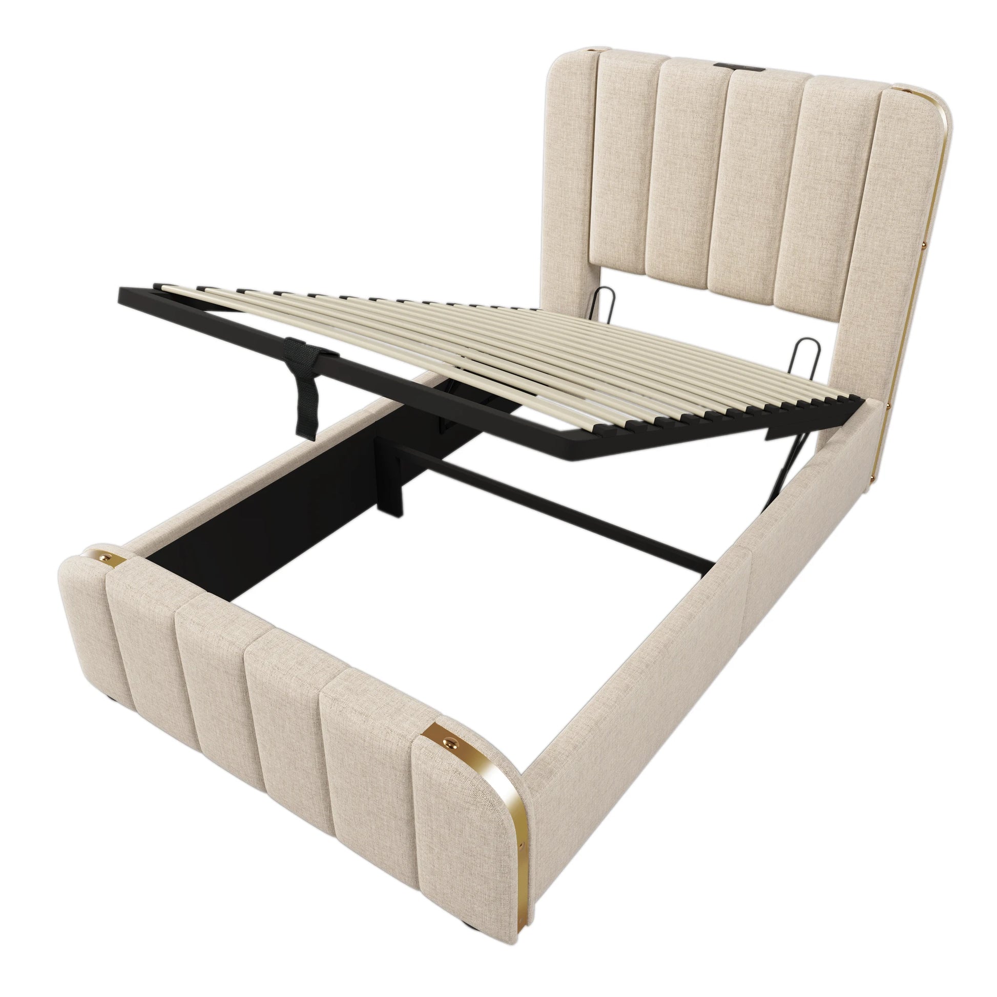 Ledikant – Babybed – Meegroeibed – Peuterbed – Kinderbed – Beige Linnen Bekleding – Hydraulische Opbergruimte – USB & Type-C Oplaadpoort - QUORE