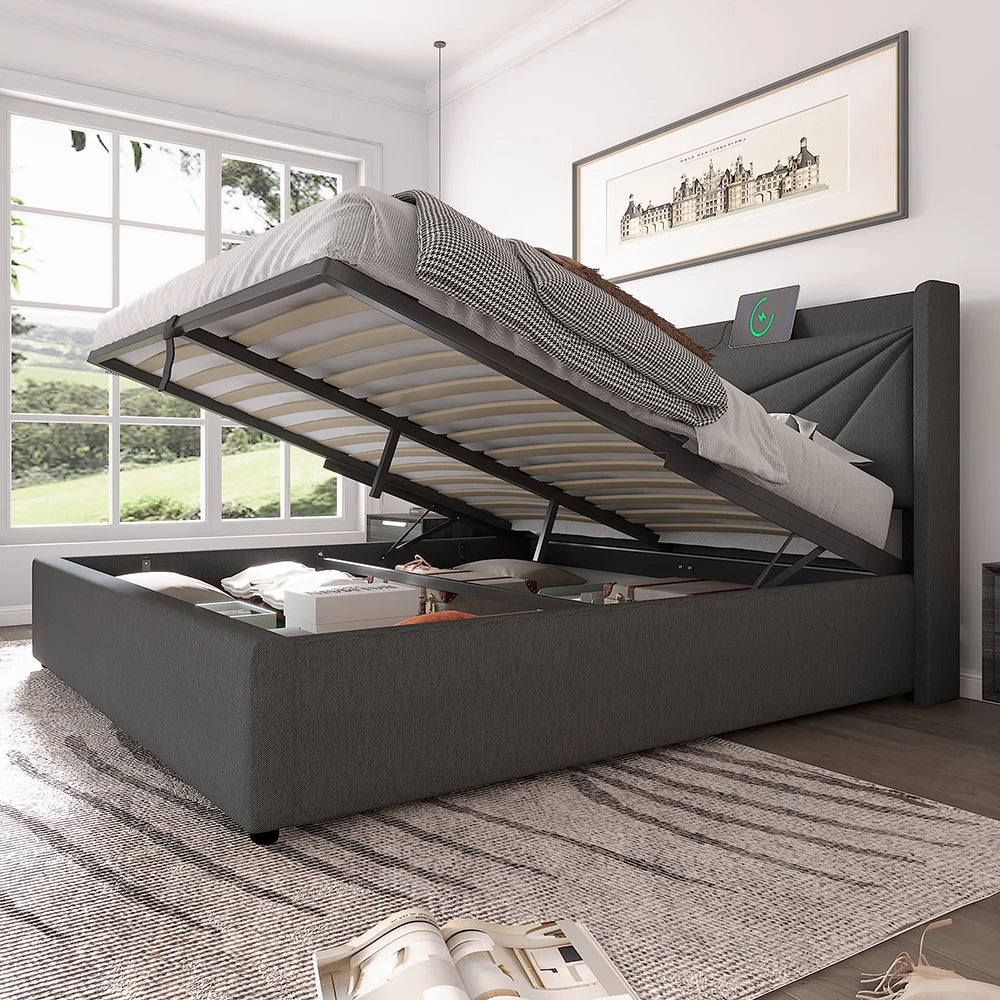 Bed – Tweepersoonsbed – Gestoffeerd Bed – Opbergbed – Linnen Bedframe – Donkergrijs – 160x200 cm – Met USB-C Oplaadfunctie – Met Grote Opberglade